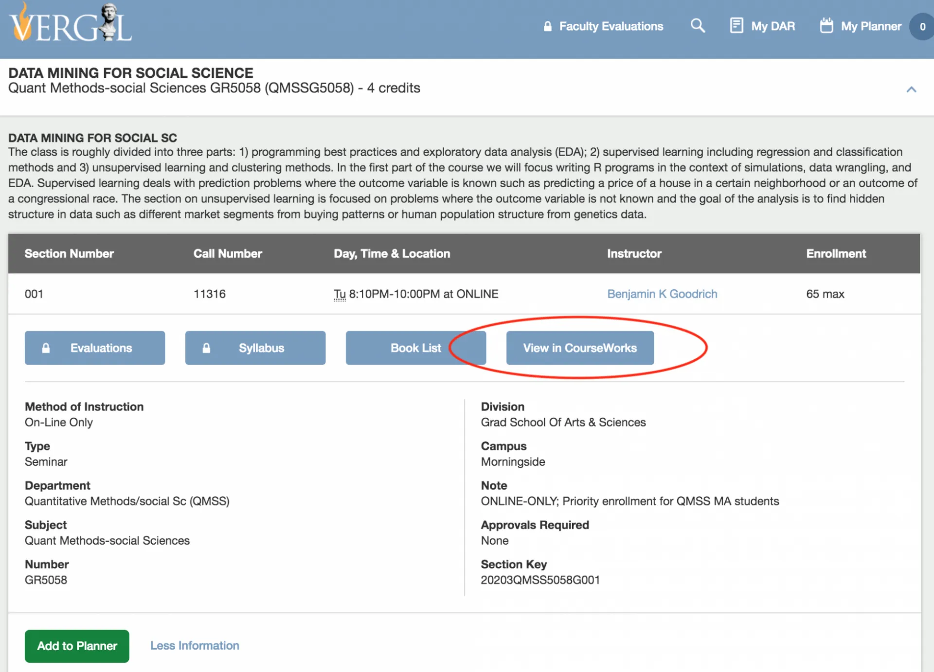 Screenshot of Vergil course catalog
